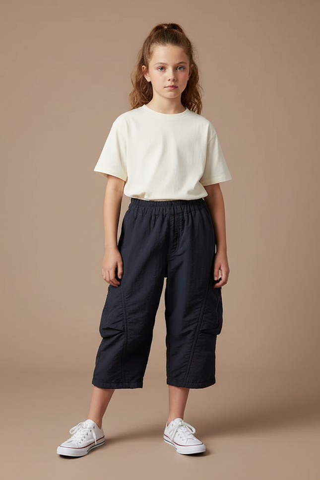 Pantalon Cargo Enfant Noir Ample Décontracté - Marine Polyester