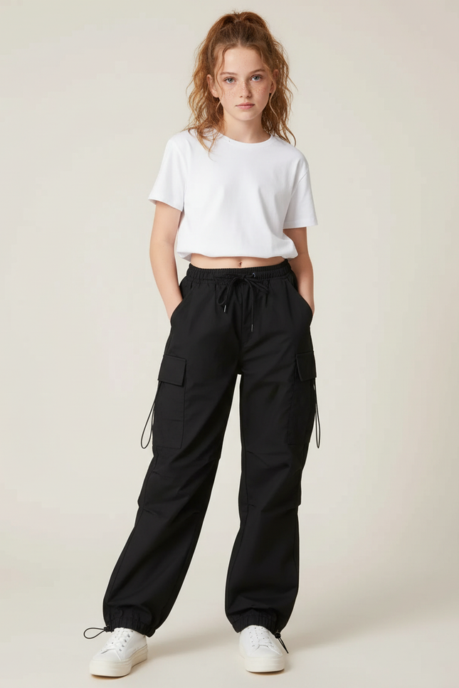 Pantalon Cargo Noir Ample Cordon Décontracté - Polyester
