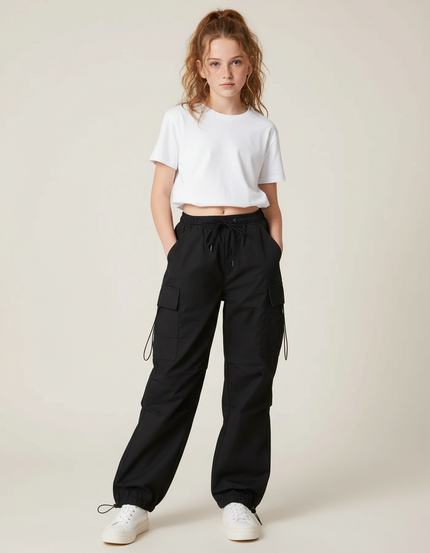 Pantalon Cargo Noir Ample Cordon Décontracté - Polyester
