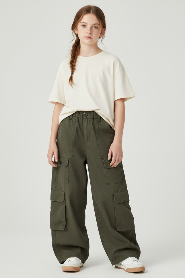 Pantalon Cargo Kaki Ample Multipoches Coton Enfant