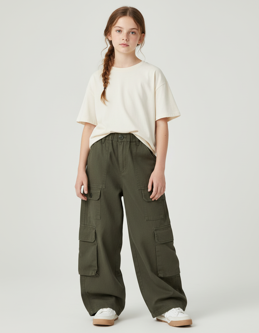 Pantalon Cargo Kaki Ample Multipoches Coton Enfant
