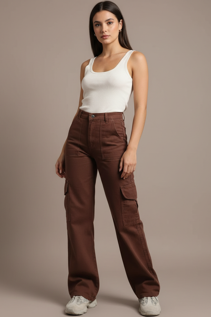 Pantalon Cargo Marron Ample Multipoches Décontracté Femme - Gabardine