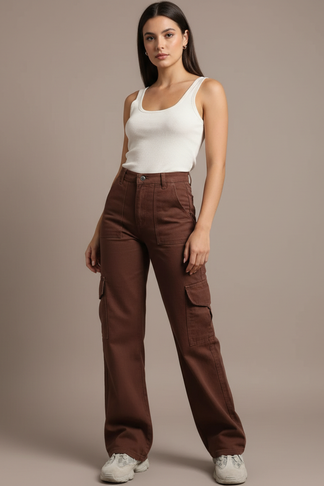 Pantalon Cargo Marron Ample Multipoches Décontracté Femme - Gabardine