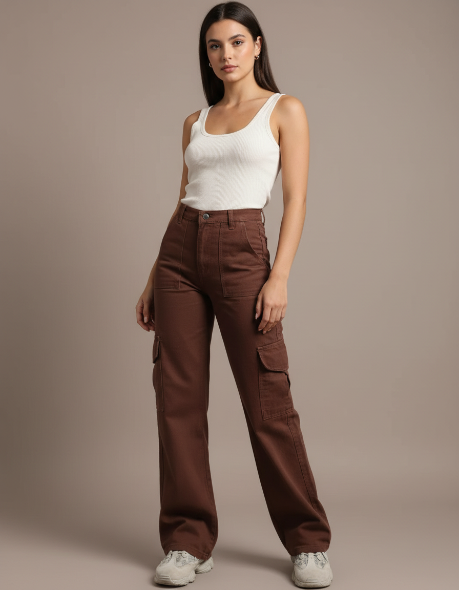 Pantalon Cargo Marron Ample Multipoches Décontracté Femme - Gabardine