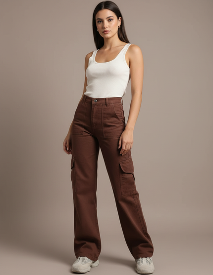 Pantalon Cargo Marron Ample Multipoches Décontracté Femme - Gabardine
