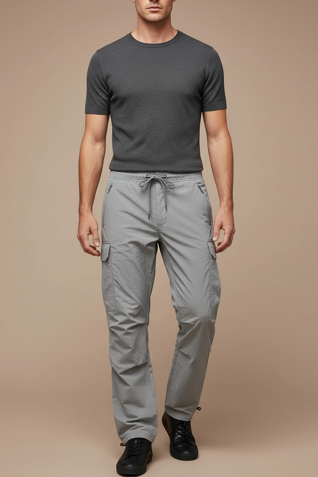 Pantalon Cargo Gris Clair Lâche Multipoches Cordon Homme - Polyester