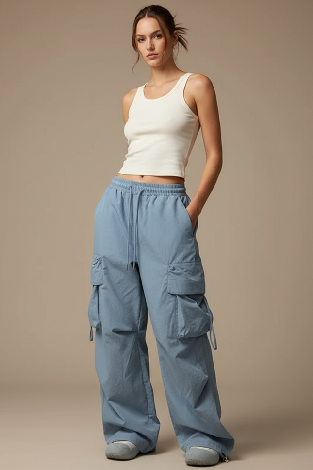 Pantalon Cargo Bleu Ample Streetwear Multipoches Femme - Polyester