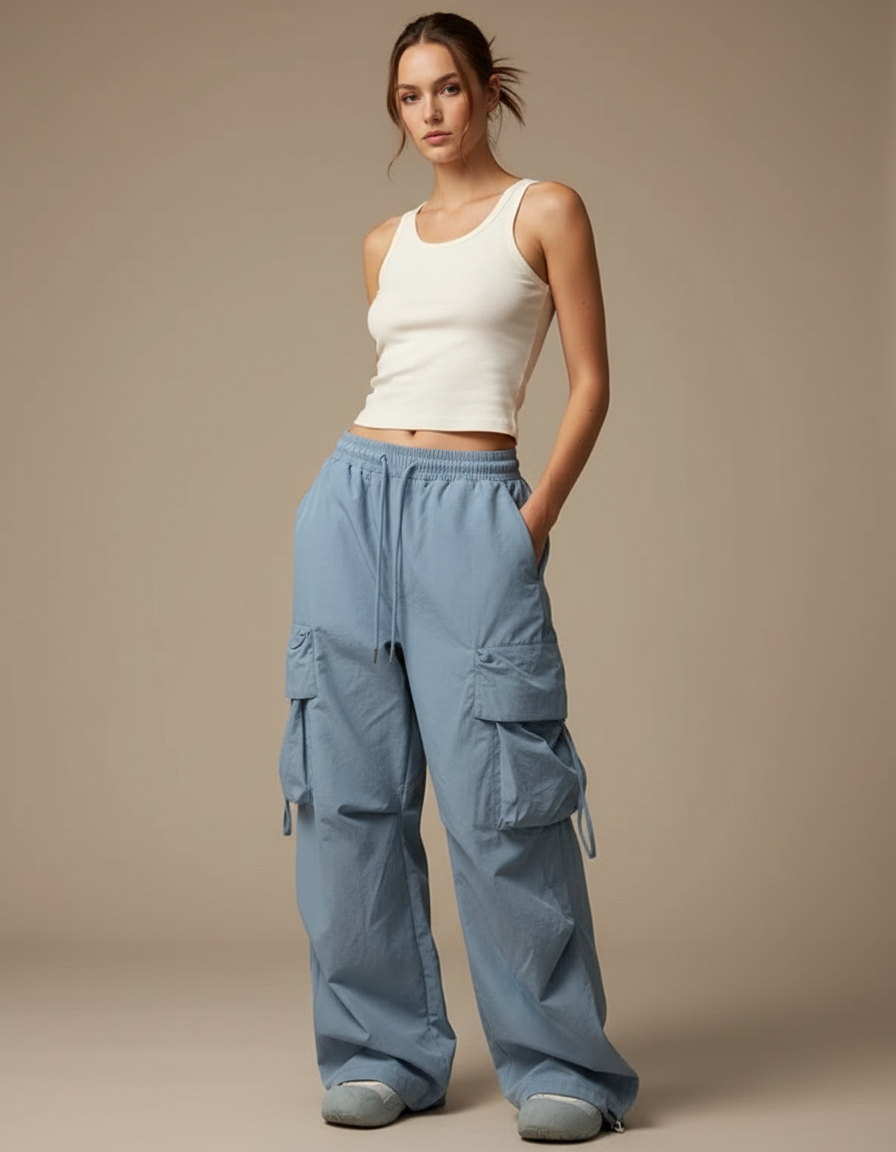 Pantalon Cargo Bleu Ample Streetwear Multipoches Femme - Polyester