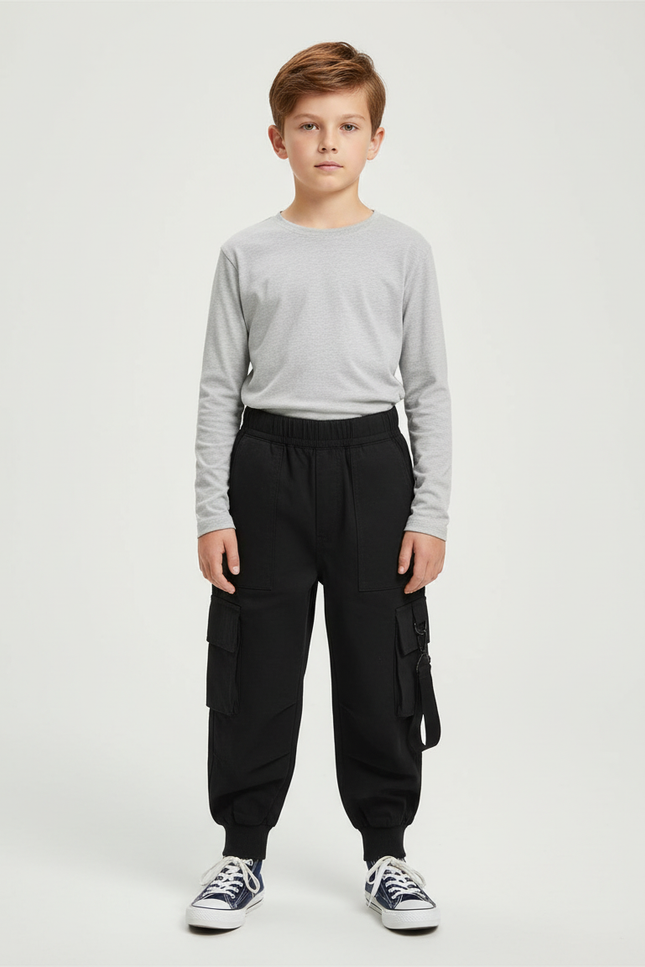 Pantalon Cargo Noir Multipoches Garçon Urbain - Molleton