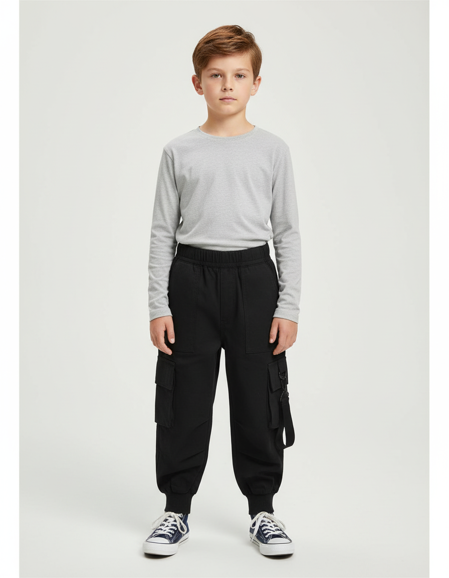 Pantalon Cargo Noir Multipoches Garçon Urbain - Molleton