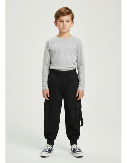 Pantalon Cargo Noir Multipoches Garçon Urbain - Molleton