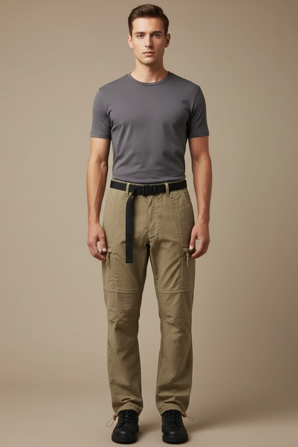 Pantalon Cargo Kaki Droit Multipoches Ceinturé Homme - Toile