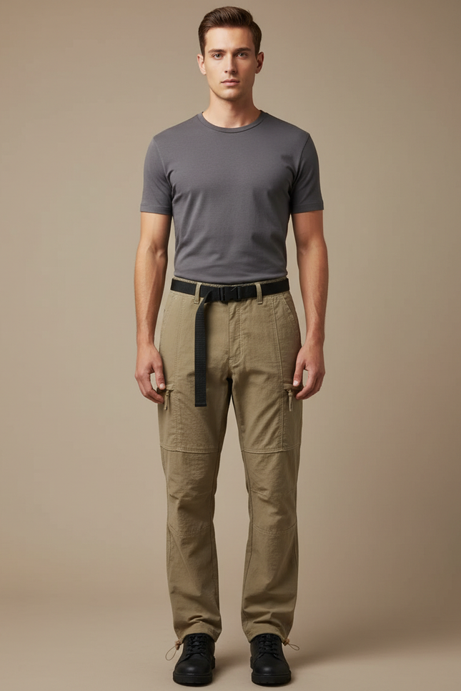 Pantalon Cargo Kaki Droit Multipoches Ceinturé Homme - Toile