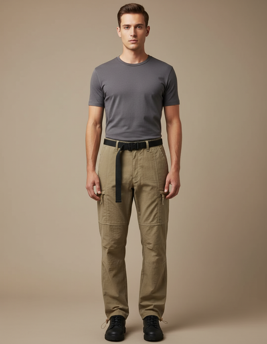 Pantalon Cargo Kaki Droit Multipoches Ceinturé Homme - Toile