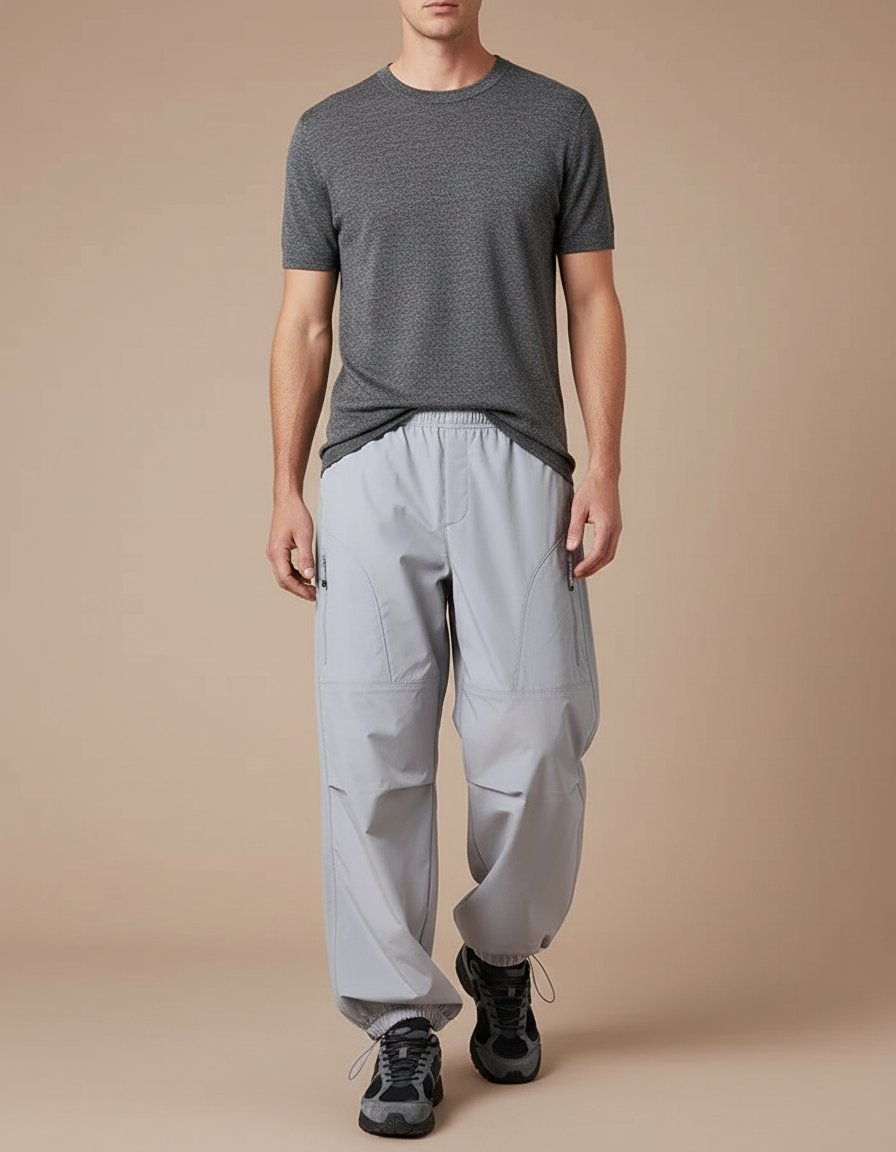 Pantalon Cargo Gris Clair Ample Sport Décontracté - Polyester