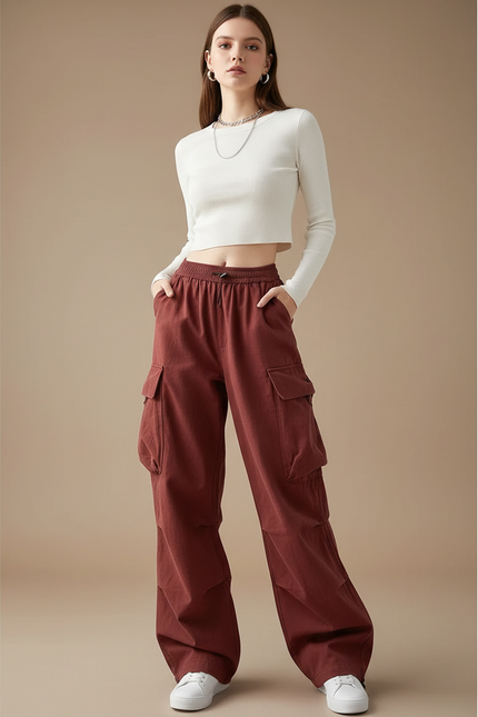 Pantalon Cargo Marron Ample Taille Élastique Femme - Bordeaux Toile