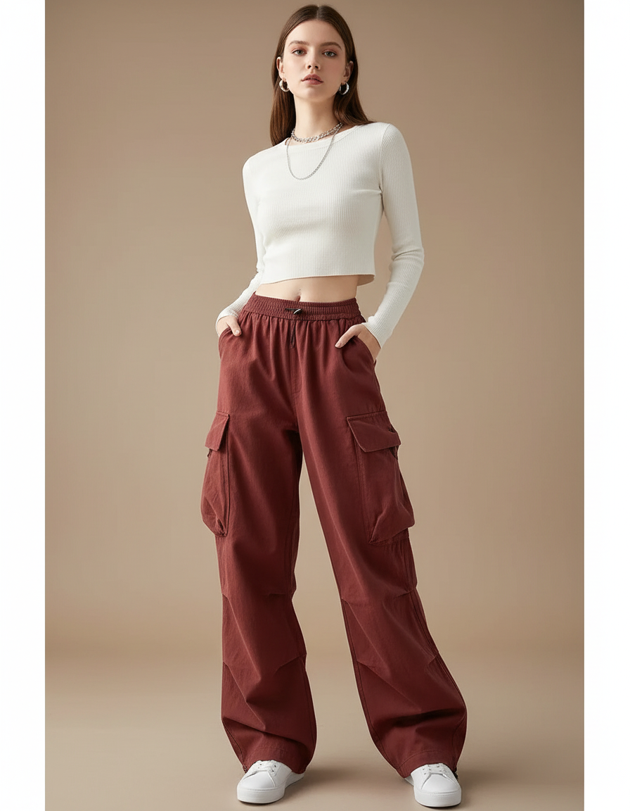 Pantalon Cargo Marron Ample Taille Élastique Femme - Bordeaux Toile
