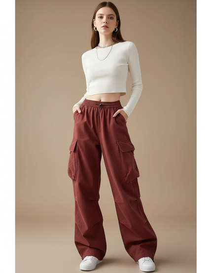 Pantalon Cargo Marron Ample Taille Élastique Femme - Bordeaux Toile