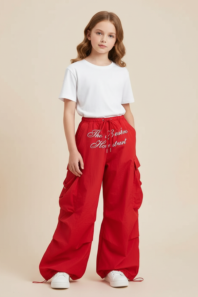 Pantalon Cargo Rouge Ample Imprimé Fille - Polyester