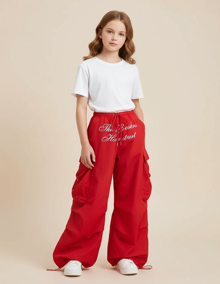 Pantalon Cargo Rouge Ample Imprimé Fille - Polyester