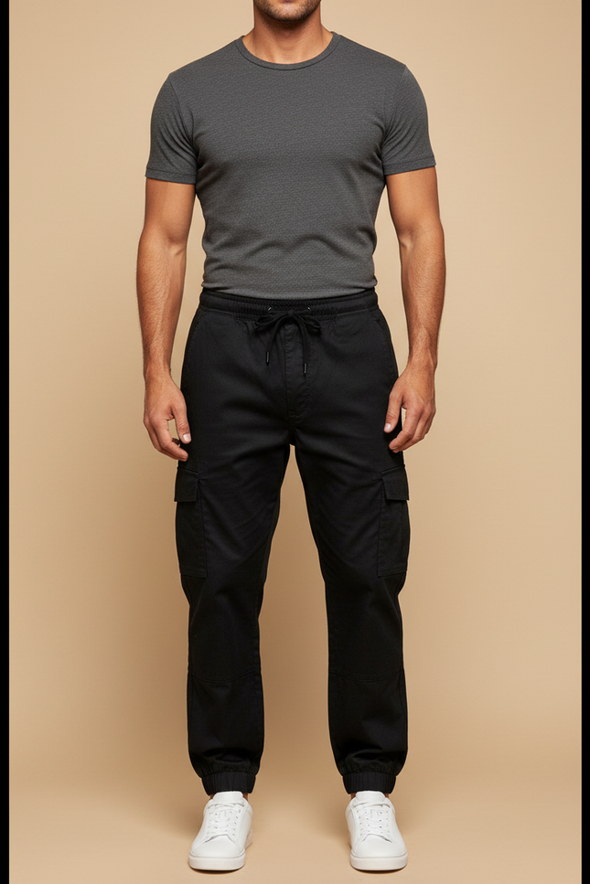 Pantalon Cargo Noir Homme Ample Coton Décontracté - Toile