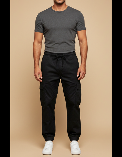 Pantalon Cargo Noir Homme Ample Coton Décontracté - Toile