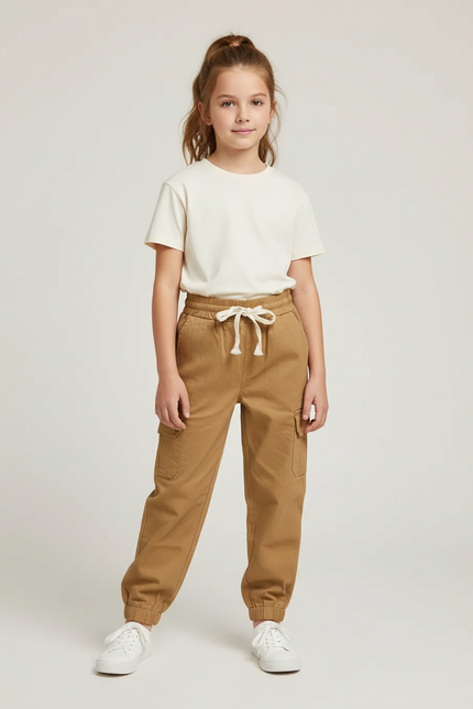 Pantalon Cargo Kaki Ample Cordon Poches Enfant - Gabardine