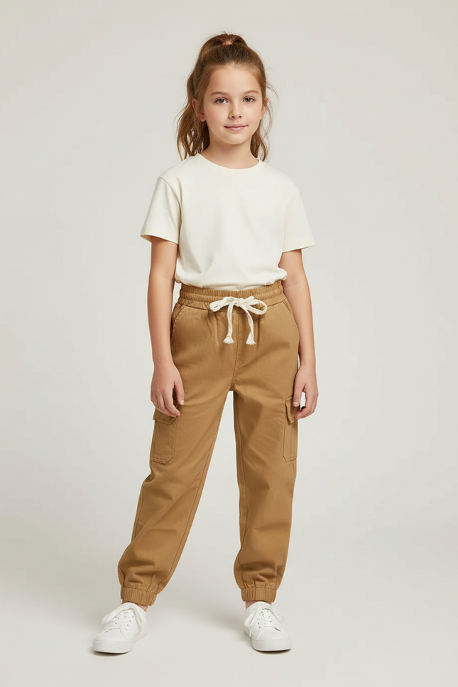 Pantalon Cargo Kaki Ample Cordon Poches Enfant - Gabardine