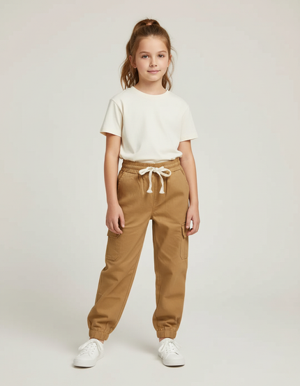 Pantalon Cargo Kaki Ample Cordon Poches Enfant - Gabardine