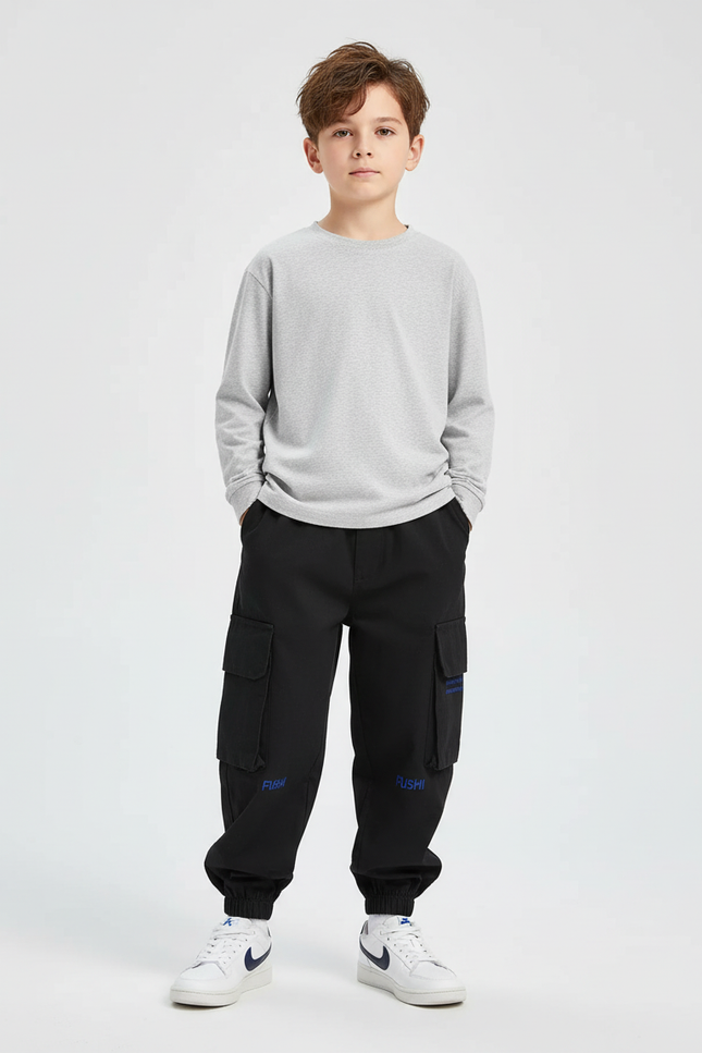 Pantalon Cargo Noir Ample Poches Imprimé Enfant - Toile