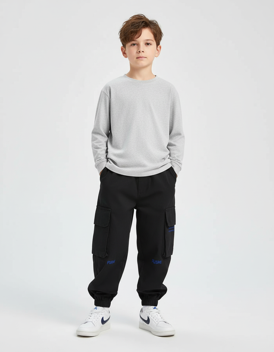 Pantalon Cargo Noir Ample Poches Imprimé Enfant - Toile