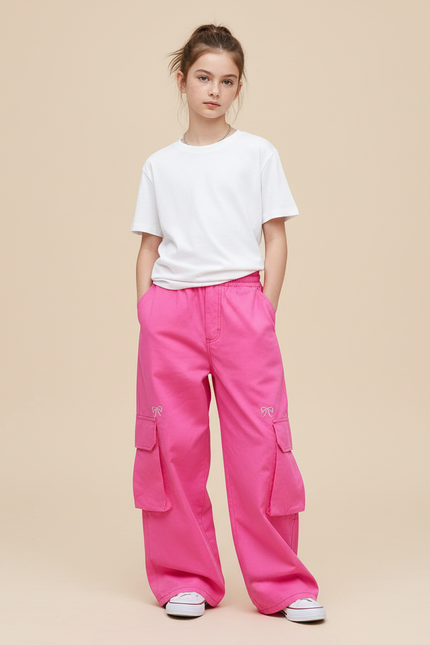 Pantalon Cargo Rose Ample Broderie Fille - Coton