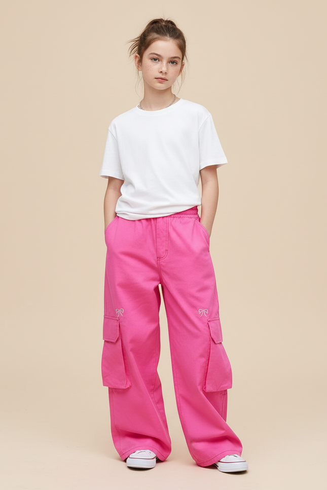 Pantalon Cargo Rose Ample Broderie Fille - Coton