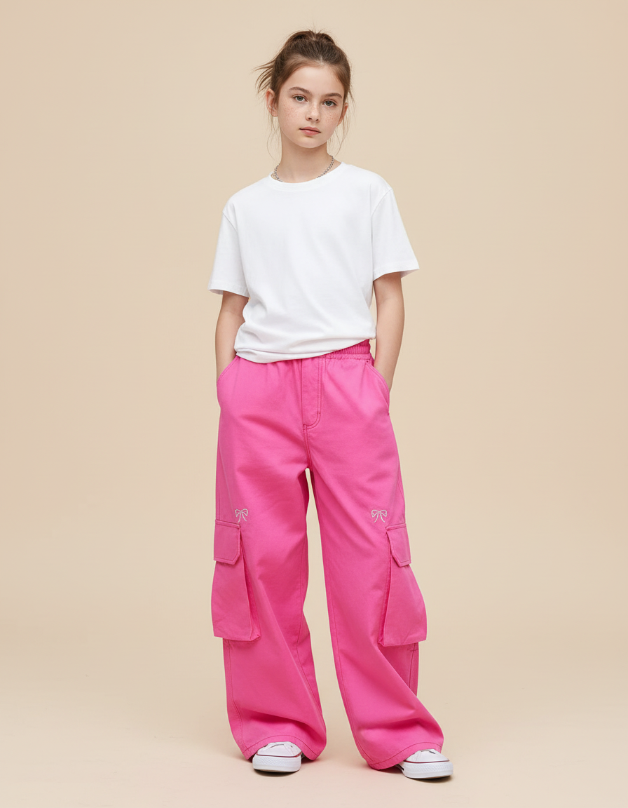 Pantalon Cargo Rose Ample Broderie Fille - Coton