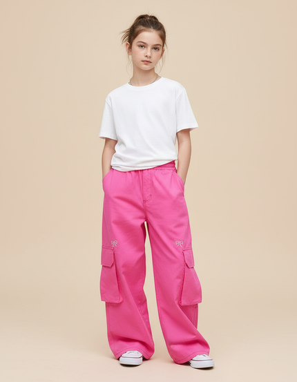Pantalon Cargo Rose Ample Broderie Fille - Coton