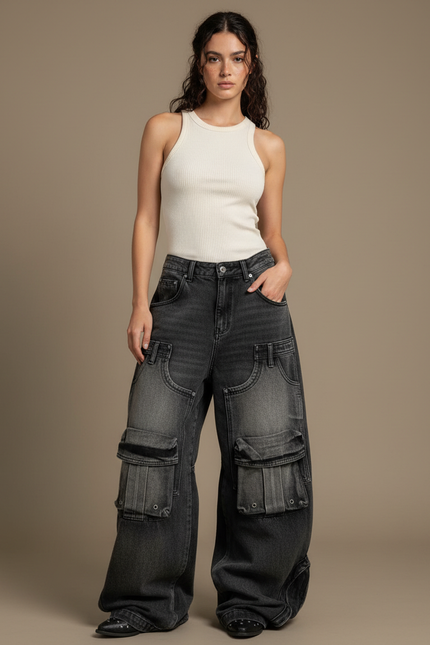 Pantalon Cargo Noir Délavé Ample Multipoches Femme - Gris Jean
