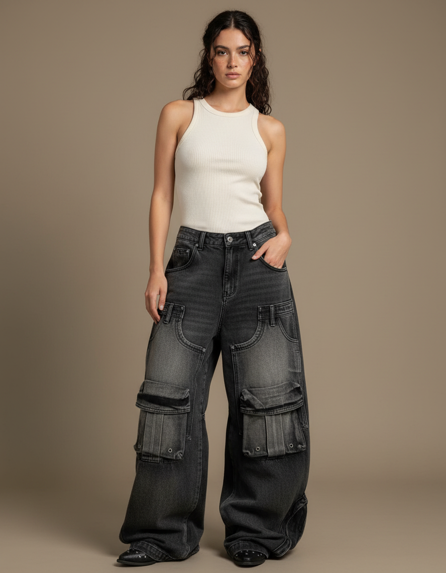 Pantalon Cargo Noir Délavé Ample Multipoches Femme - Gris Jean