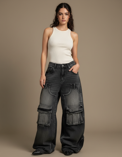 Pantalon Cargo Noir Délavé Ample Multipoches Femme - Gris Jean