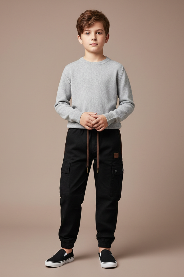 Pantalon Cargo Noir Coton Multipoches Enfant Décontracté - Toile