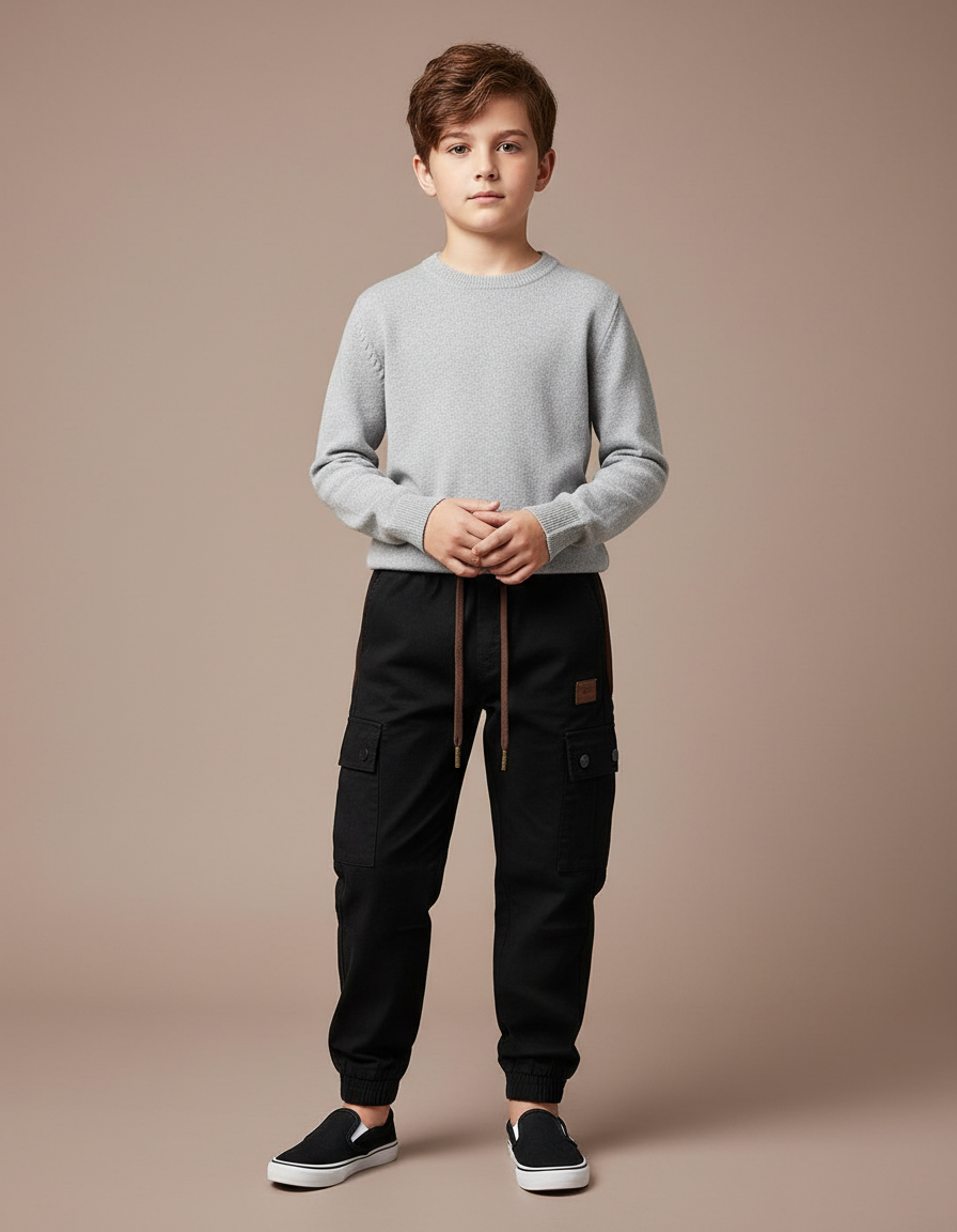 Pantalon Cargo Noir Coton Multipoches Enfant Décontracté - Toile
