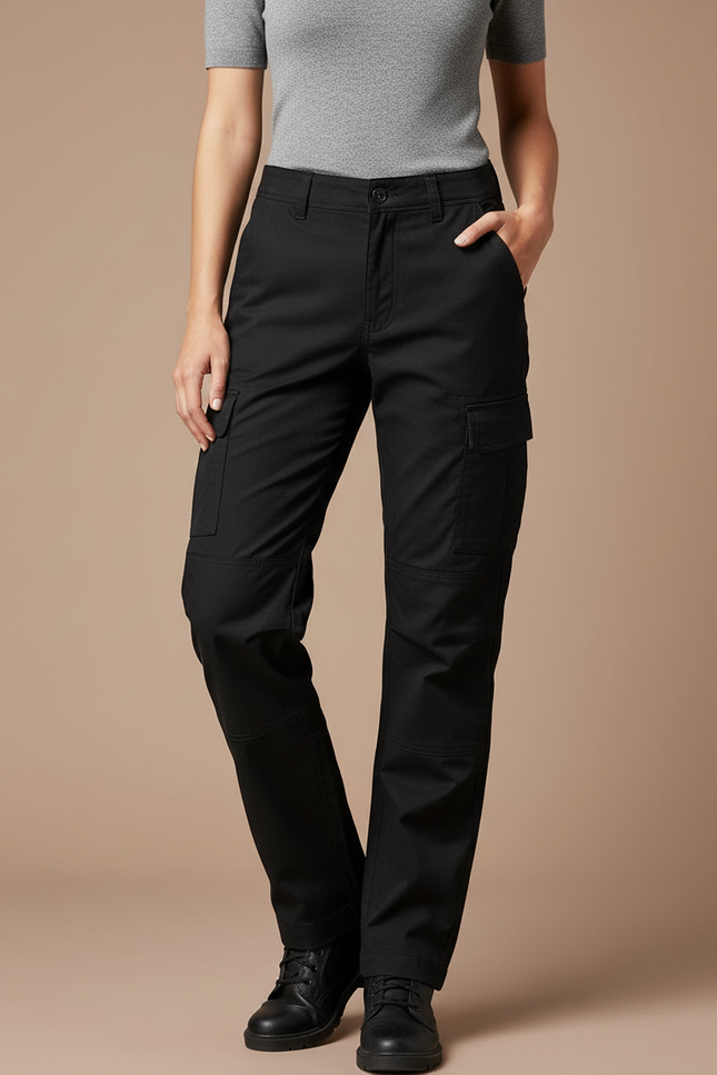 Pantalon Cargo Noir Coupe Droite Multipoches Femme - Toile