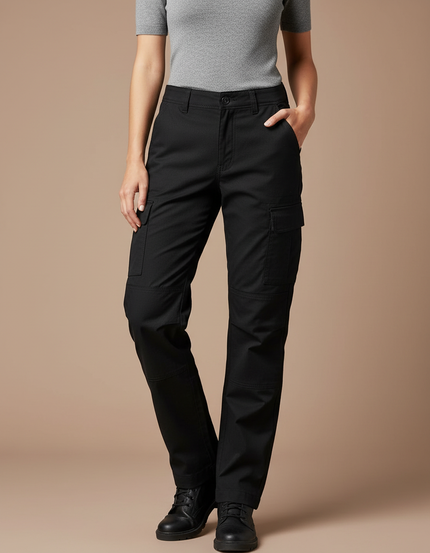 Pantalon Cargo Noir Coupe Droite Multipoches Femme - Toile