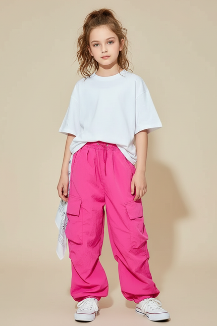 Pantalon Cargo Rose Fluorescent Ample Multipoches Enfant - Polyester
