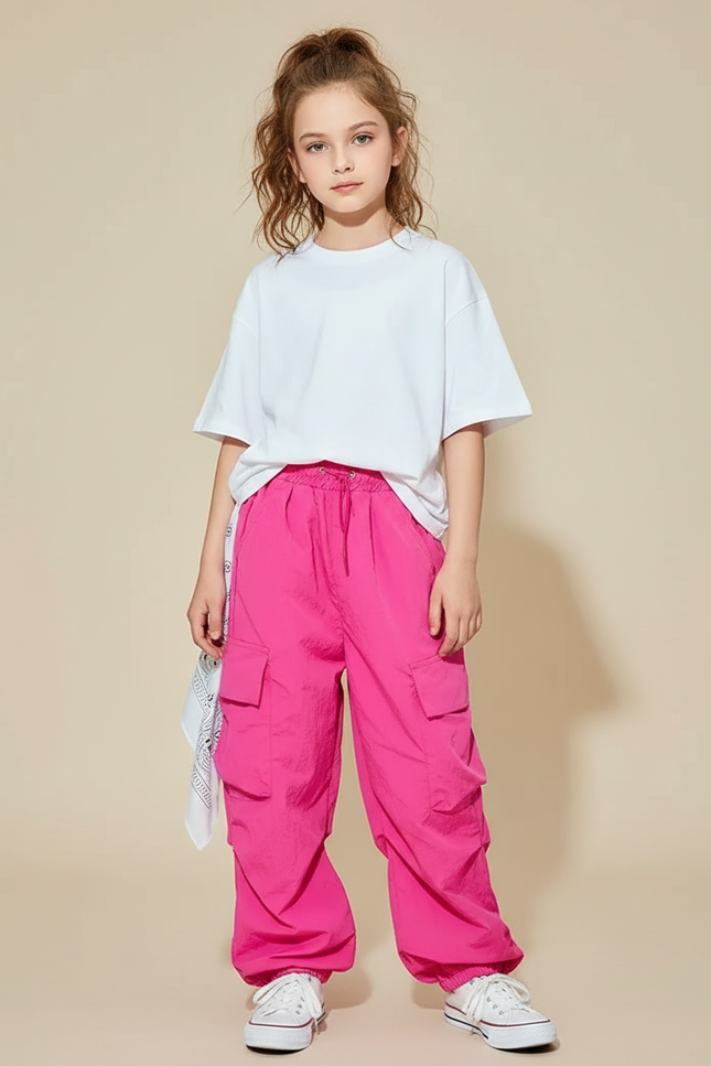 Pantalon Cargo Rose Fluorescent Ample Multipoches Enfant - Polyester