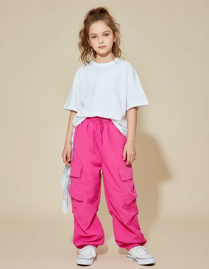 Pantalon Cargo Rose Fluorescent Ample Multipoches Enfant - Polyester
