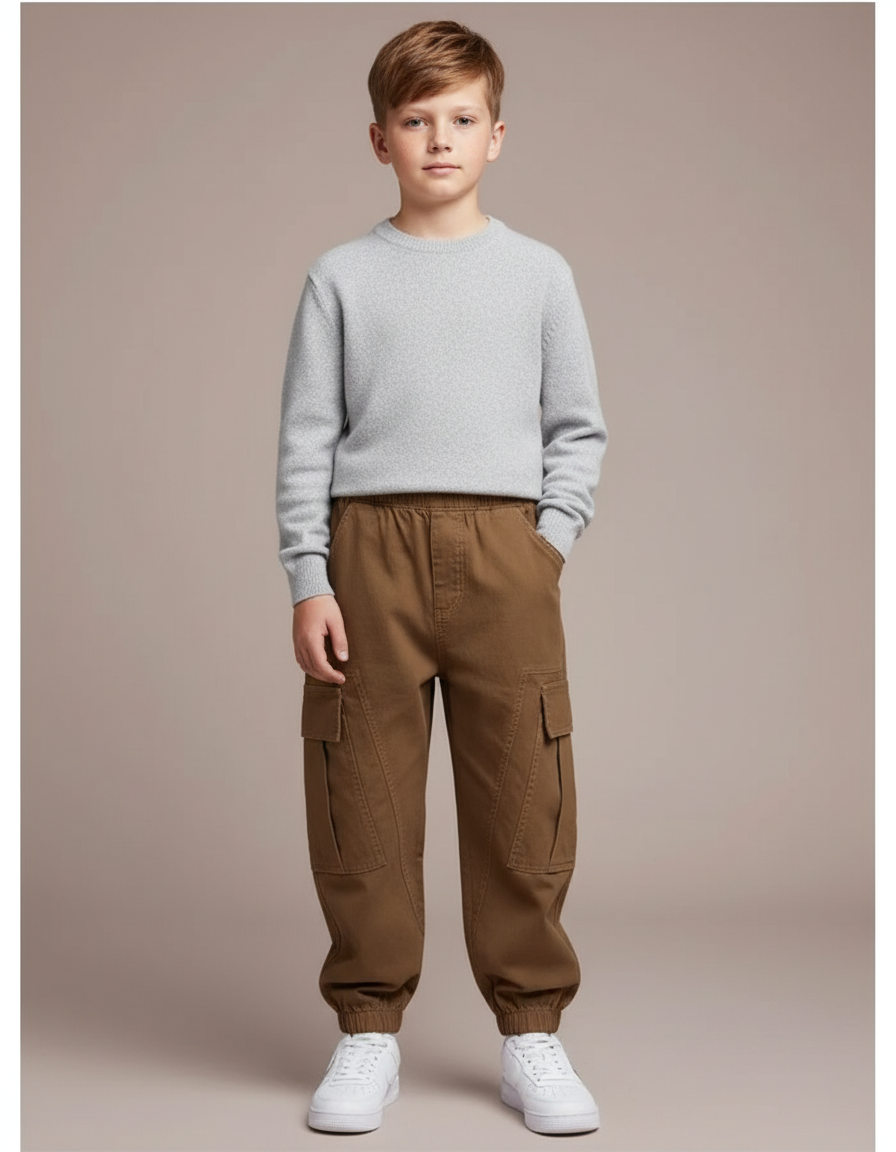 Pantalon Cargo Marron Ample Décontracté Enfant Jogger - Toile