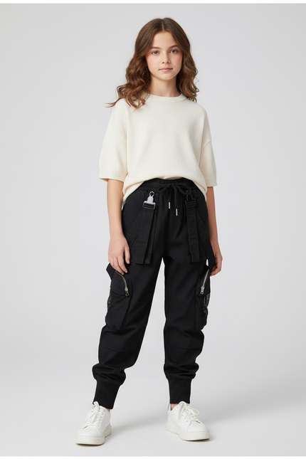 Pantalon Cargo Noir Ample Coton Multipoches Enfant Urbain