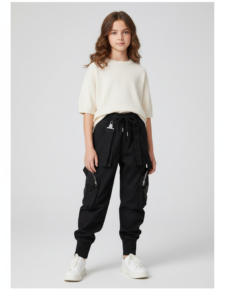 Pantalon Cargo Noir Ample Coton Multipoches Enfant Urbain