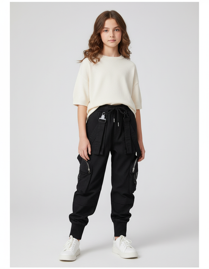 Pantalon Cargo Noir Ample Coton Multipoches Enfant Urbain