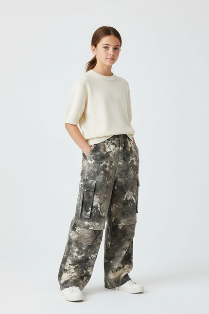 Pantalon Cargo Ample Camouflage Gris Poches Fille Coton - Toile